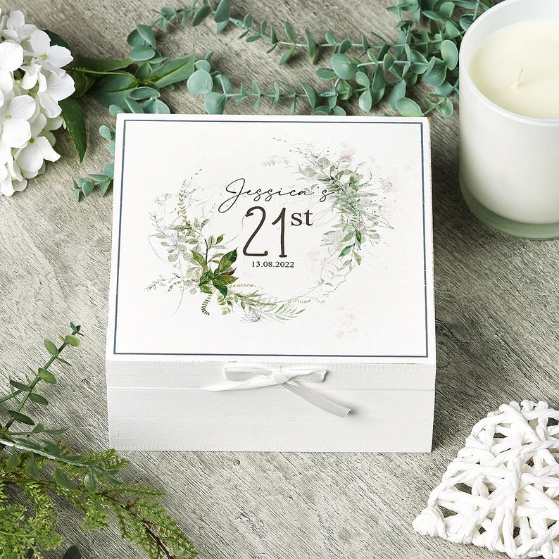 Personalised 21st Birthday Vintage Wooden Box Gift With Green Ferns