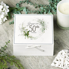 Personalised 50th Birthday Vintage Wooden Box Gift With Green Ferns