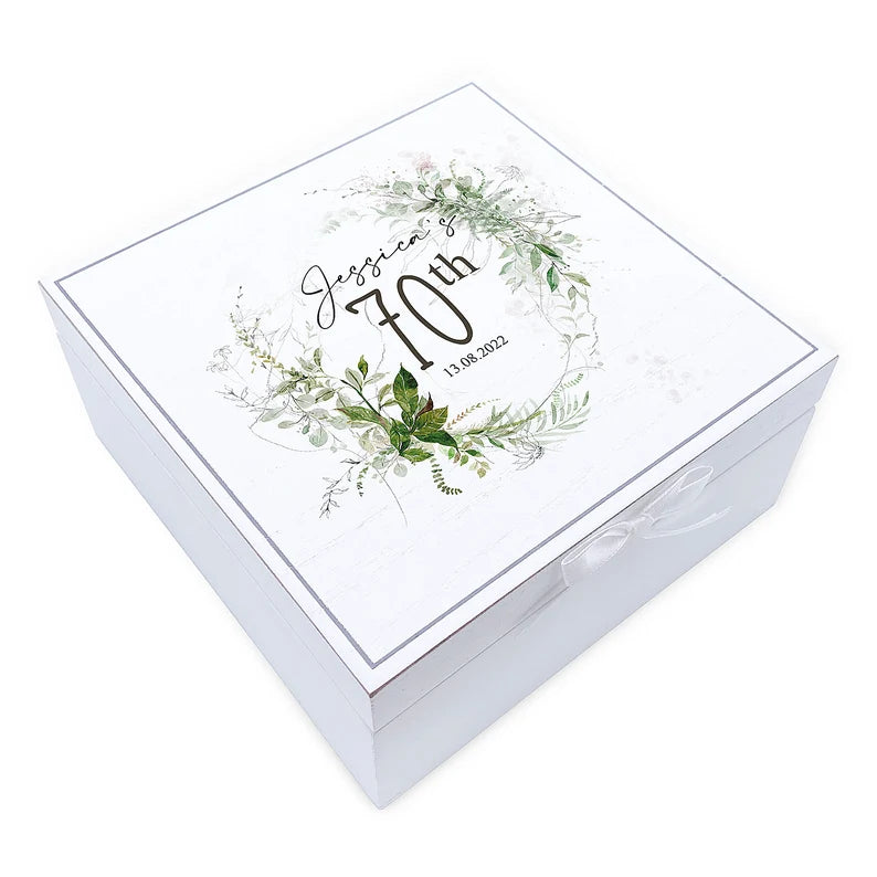 Personalised 70th Birthday Vintage Wooden Box Gift With Green Ferns