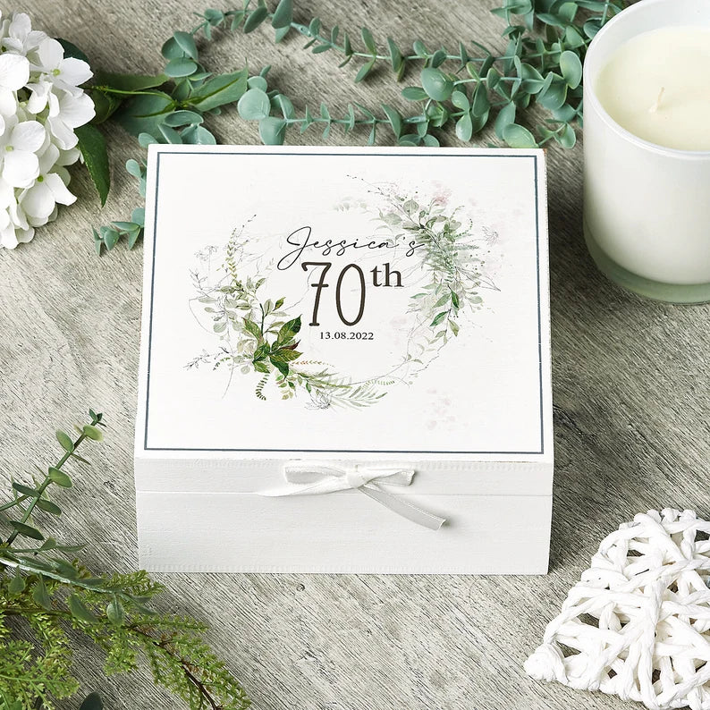 Personalised 70th Birthday Vintage Wooden Box Gift With Green Ferns