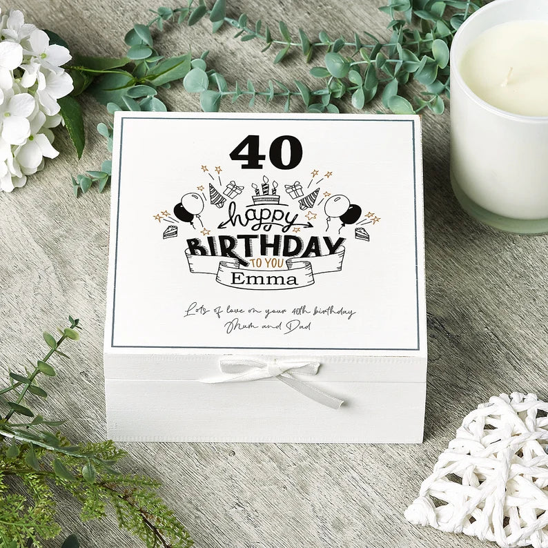 ukgiftstoreonline Personalised 40th Birthday Vintage Wooden Box Keepsake Gift Elements