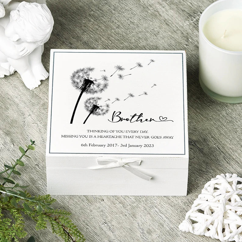 ukgiftstoreonline Personalised Brother Memorial Remembrance Vintage Wooden Keepsake Box With Dandelions Keepsake Boxes ukgiftstoreonline