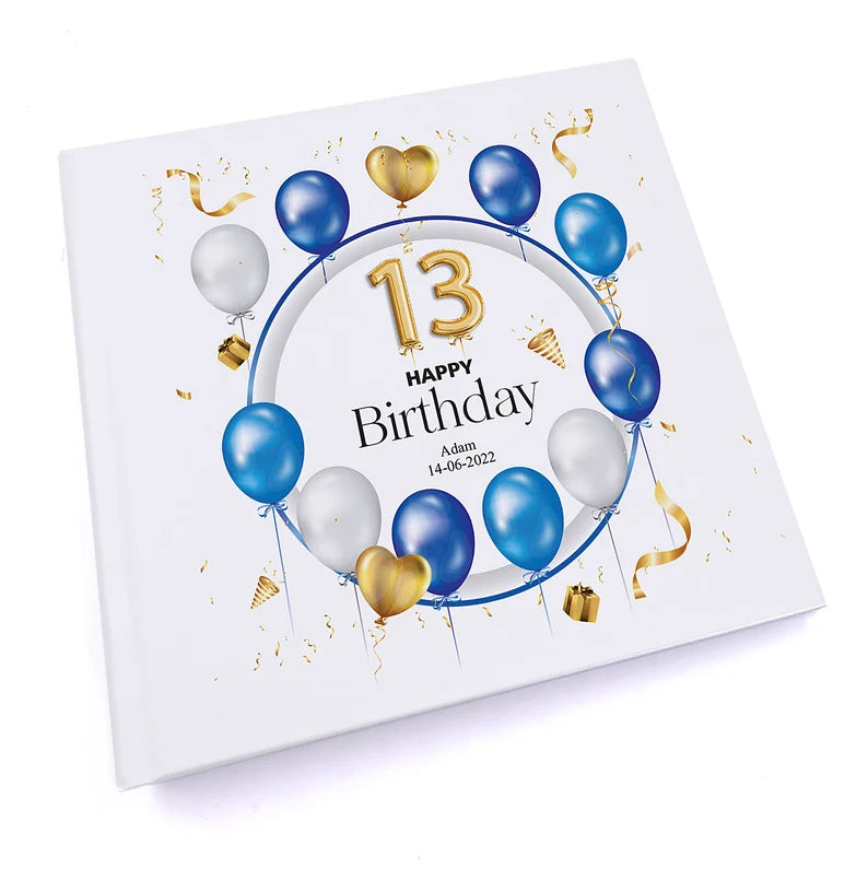Personalised 13th Birthday Photo Album Gift With Blue and Gold Balloons