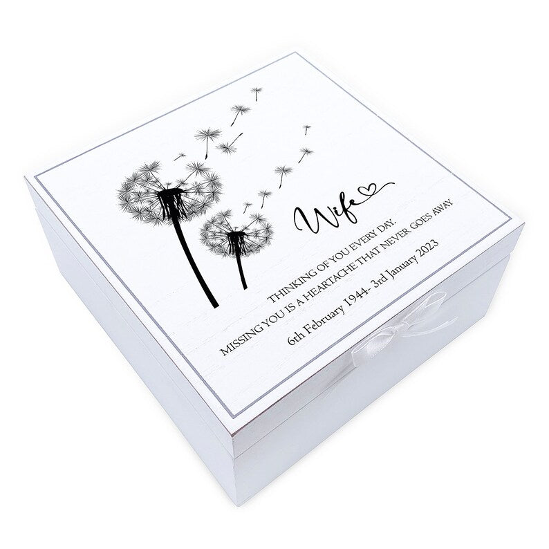 ukgiftstoreonline Personalised Wife Memorial Remembrance Vintage Wooden Keepsake Box With Dandelions Keepsake Boxes ukgiftstoreonline