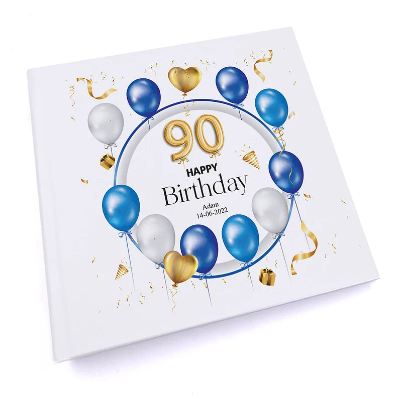 Personalised 90th Birthday Photo Album Gift With Blue and Gold Balloons