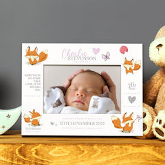 Personalised Baby Girl Photo Frame With Birth Details and Cute Fox