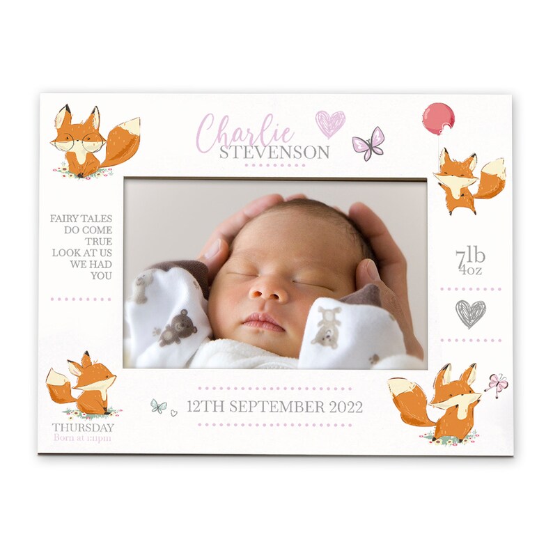 Personalised Baby Girl Photo Frame With Birth Details and Cute Fox