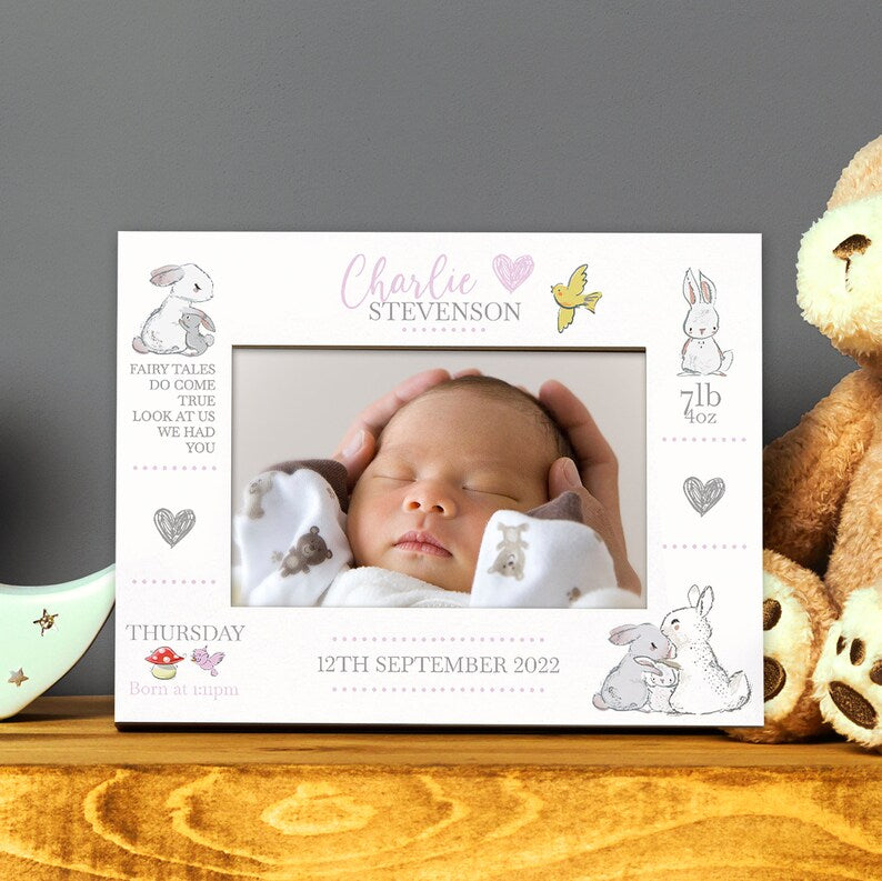 Personalised Baby Girl Photo Frame With Birth Details and Cute Rabbit