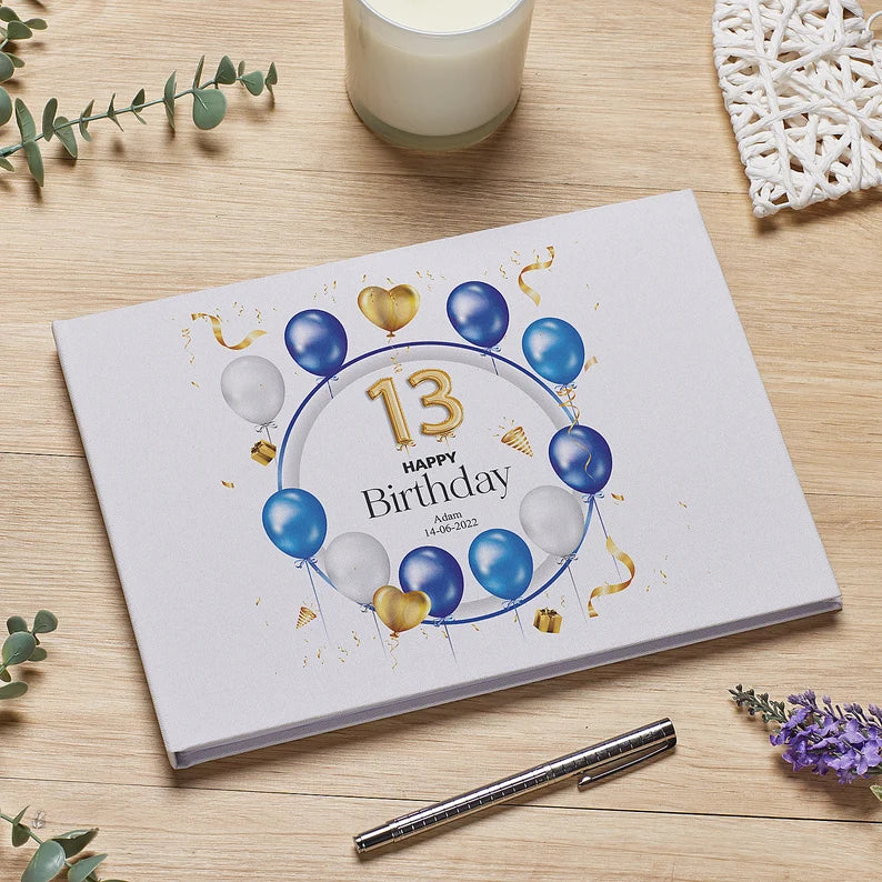 Personalised Large A4 13th Birthday Linen Guest Book Blue Balloons
