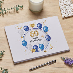 Personalised Large A4 60th Birthday Linen Guest Book Blue Balloons