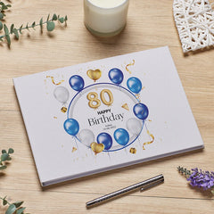 Personalised Large A4 80th Birthday Linen Guest Book Blue Balloons
