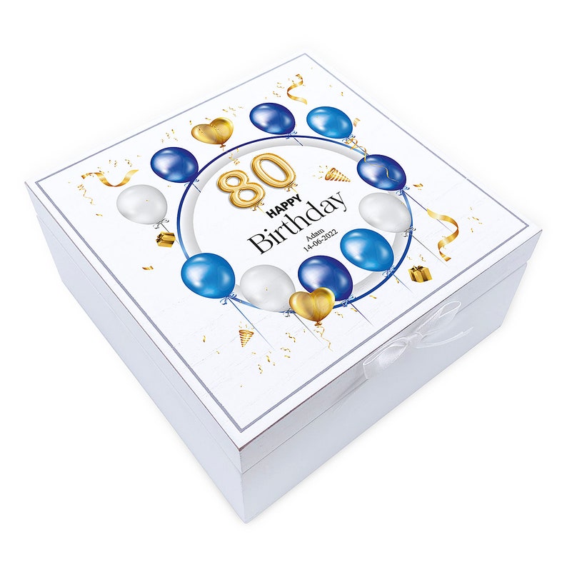 ukgiftstoreonline Personalised 80th Birthday Vintage Wooden Box Gift With Blue Balloons Keepsake Box ukgiftstoreonline