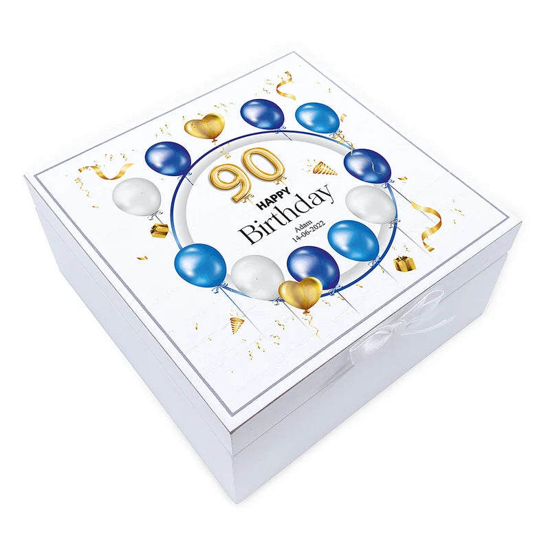 ukgiftstoreonline Personalised 90th Birthday Vintage Wooden Box Gift With Blue Balloons Keepsake Box ukgiftstoreonline