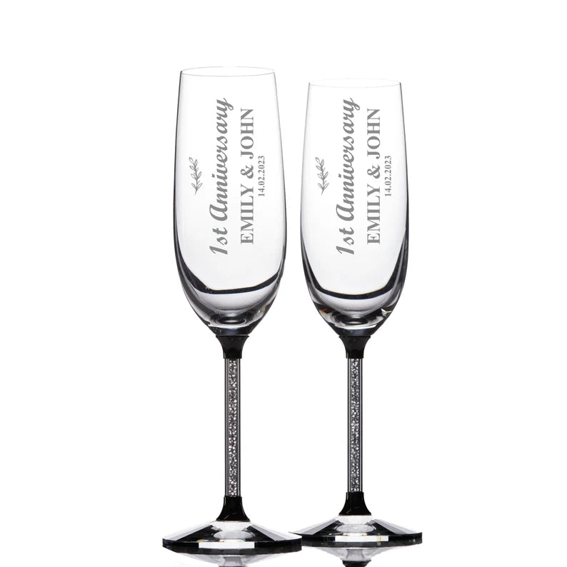 ukgiftstoreonline Personalised 1st Anniversary Pair of Crystal Filled Champagne Flutes