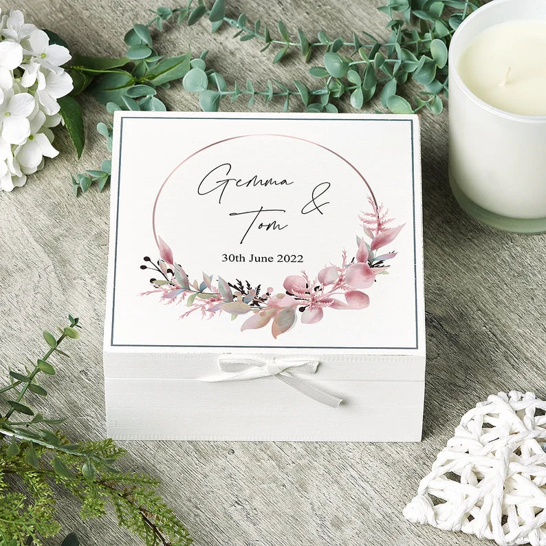 ukgiftstoreonline Personalised Wedding Vintage Wooden Box Gift With Floral Theme Keepsake Boxes ukgiftstoreonline