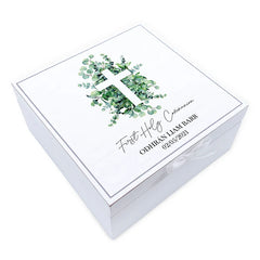 ukgiftstoreonline Personalised Holy Communion Vintage Wooden Box Gift With Leaf Cross