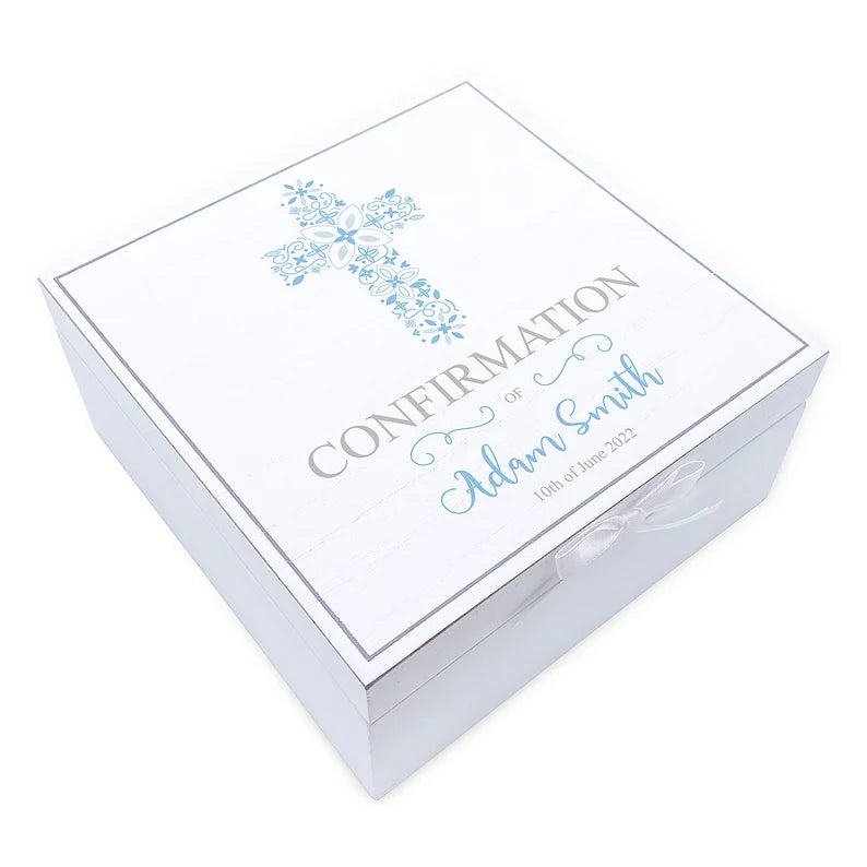 ukgiftstoreonline Personalised Confirmation Day Vintage Wooden Box Gift With Blue Cross