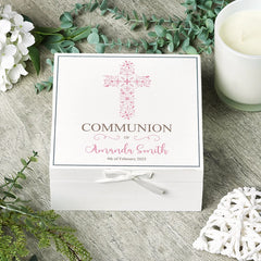 ukgiftstoreonline Personalised Communion Day Vintage Wooden Box Gift With Pink Cross