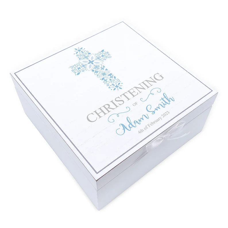 ukgiftstoreonline Personalised Christening Day Vintage Wooden Box Gift With Blue Cross