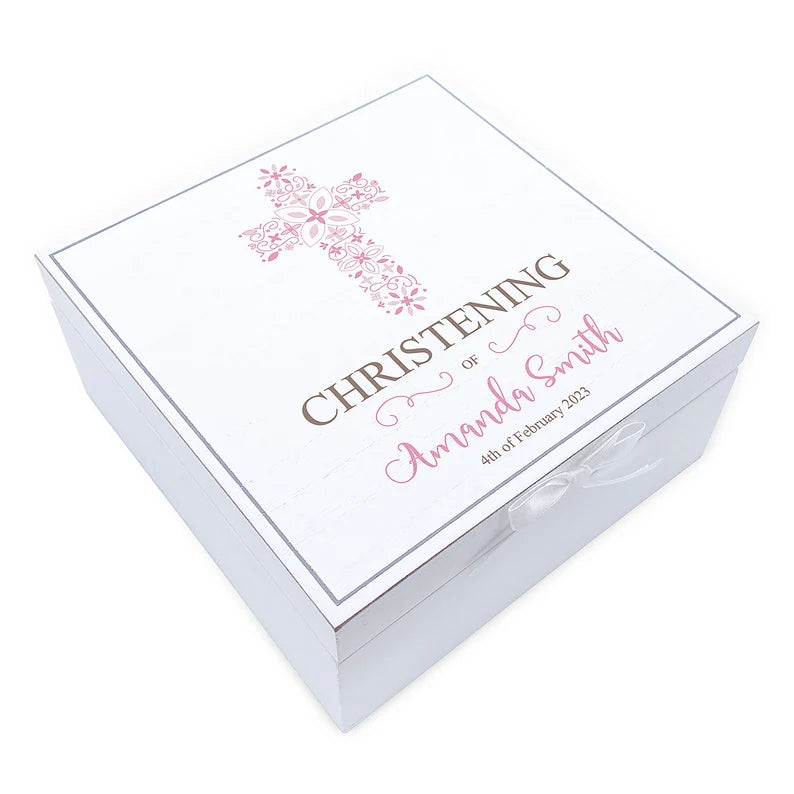 ukgiftstoreonline Personalised Christening Day Vintage Wooden Box Gift With Pink Cross