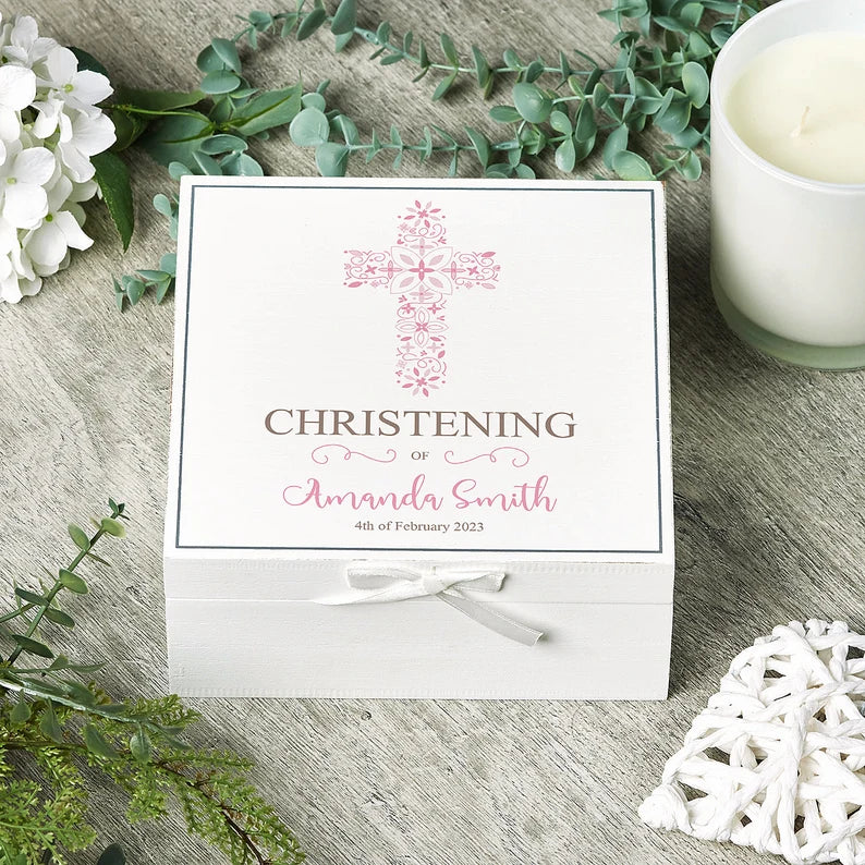 ukgiftstoreonline Personalised Christening Day Vintage Wooden Box Gift With Pink Cross