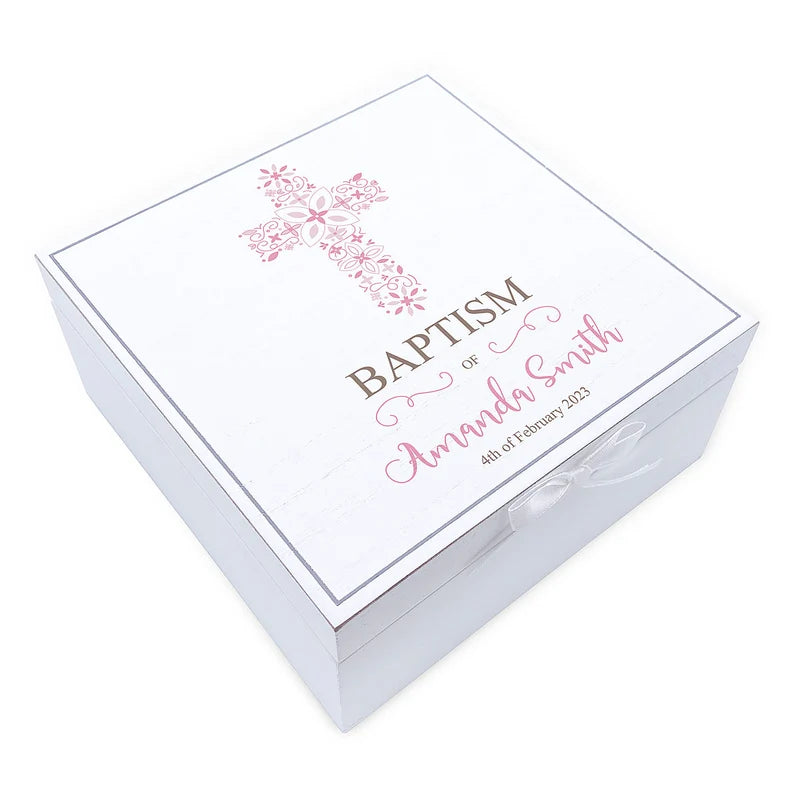 ukgiftstoreonline Personalised Baptism Day Vintage Wooden Box Gift With Pink Cross