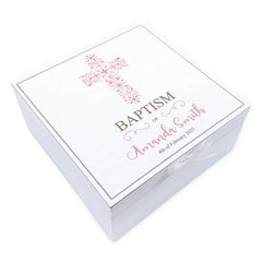 ukgiftstoreonline Personalised Baptism Day Vintage Wooden Box Gift With Pink Cross