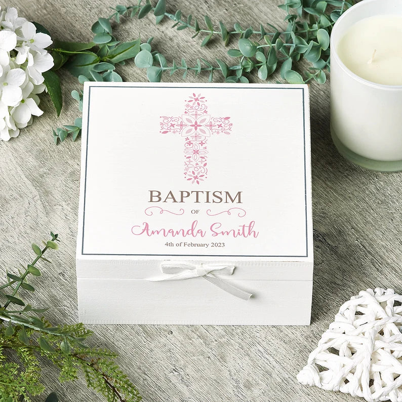 ukgiftstoreonline Personalised Baptism Day Vintage Wooden Box Gift With Pink Cross