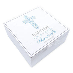 ukgiftstoreonline Personalised Baptism Day Vintage Wooden Box Gift With Blue Cross