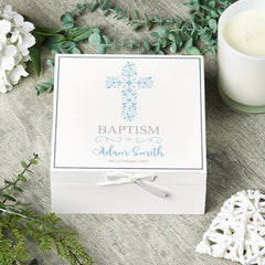 ukgiftstoreonline Personalised Baptism Day Vintage Wooden Box Gift With Blue Cross