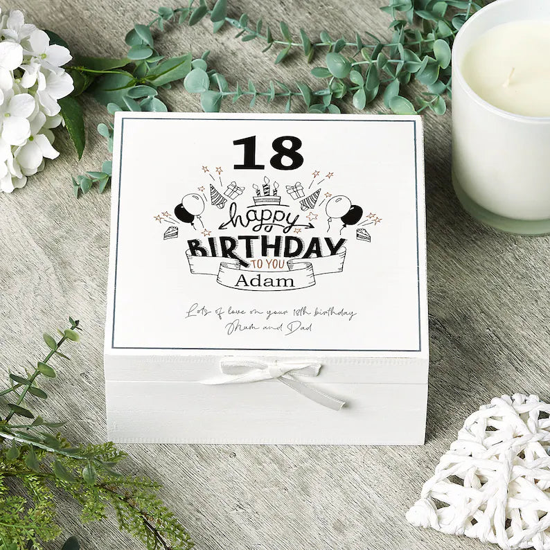 ukgiftstoreonline Personalised 18th Birthday Vintage Wooden Box Keepsake Gift Elements