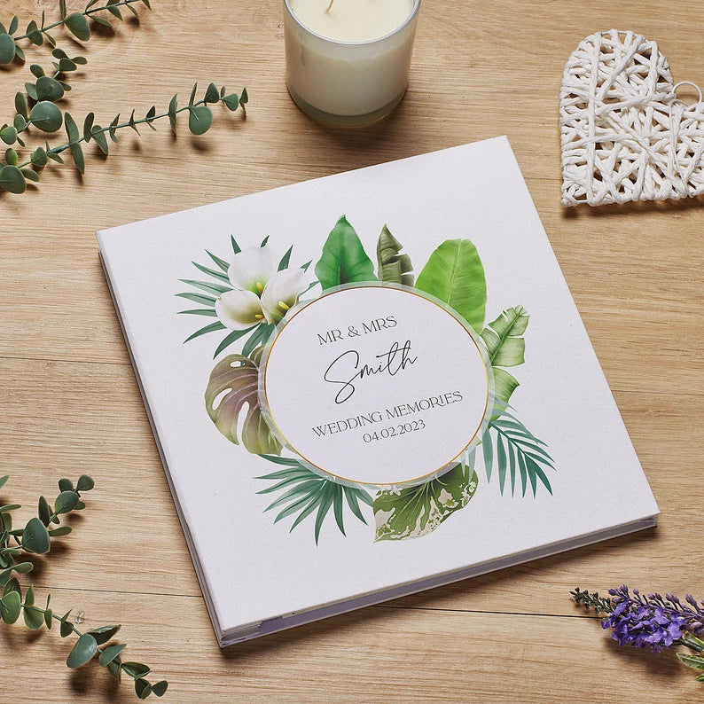 Personalised Wedding Day Large Photo Album Linen Cover Rainforest Theme