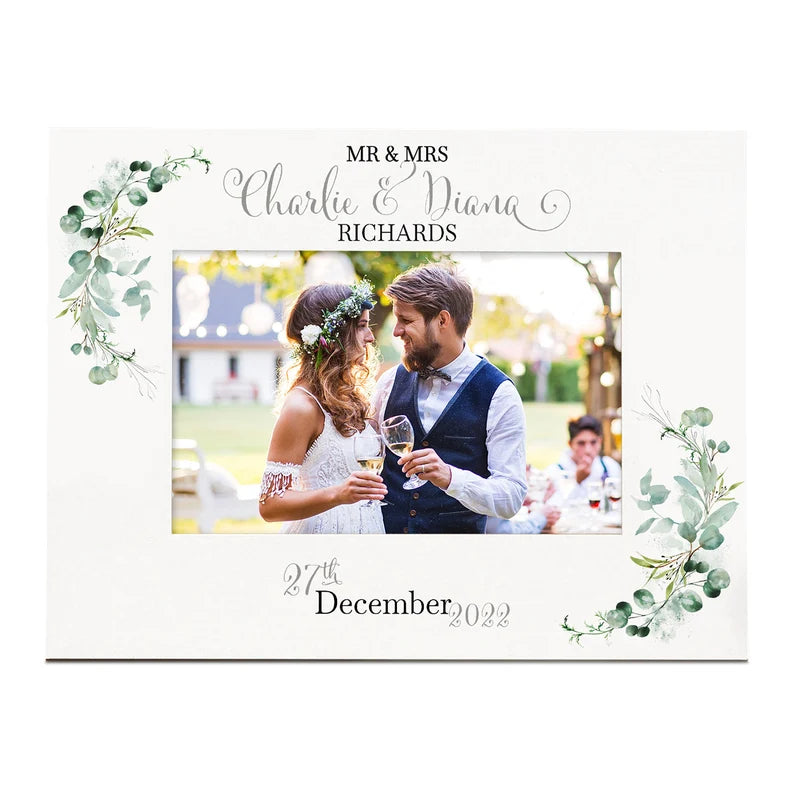 Personalised Wedding Day Photo Frame Gift With Eucalyptus Leaves