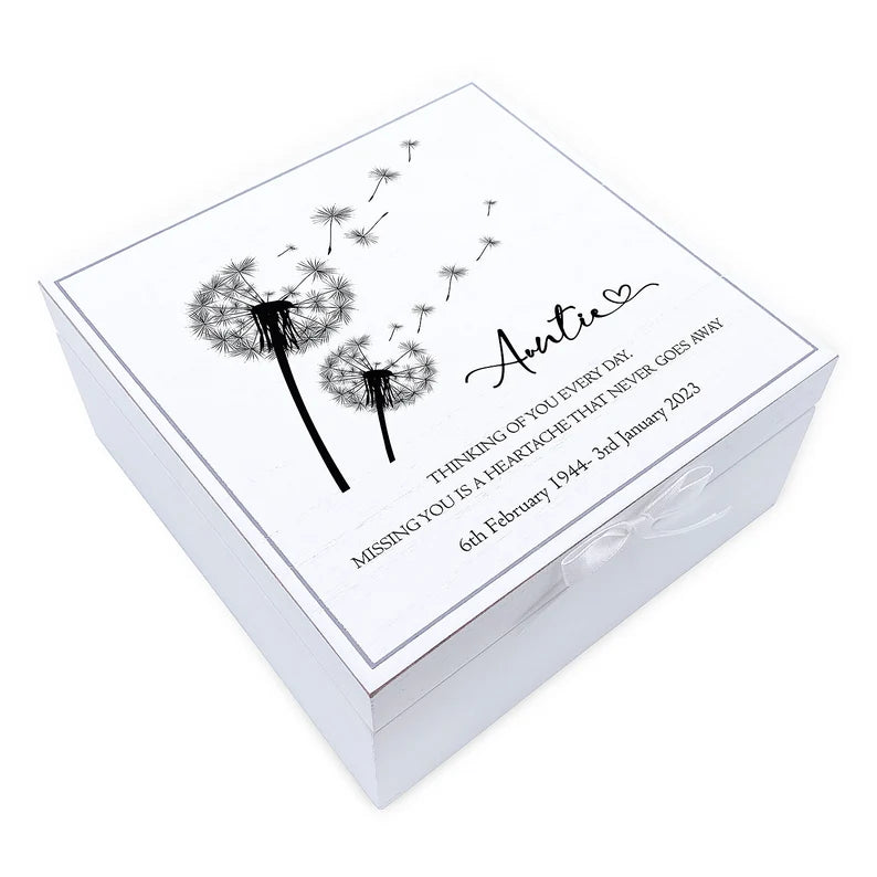 ukgiftstoreonline Personalised Auntie Memorial Remembrance Vintage Wooden Keepsake Box With Dandelions Keepsake Boxes ukgiftstoreonline