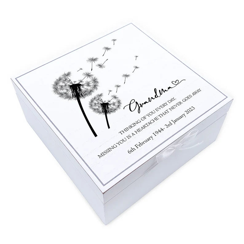 ukgiftstoreonline Personalised Grandma Memorial Remembrance Vintage Wooden Keepsake Box With Dandelions Keepsake Boxes ukgiftstoreonline
