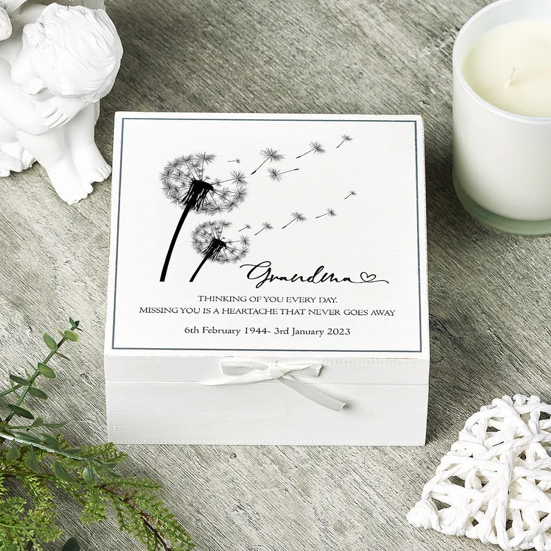 ukgiftstoreonline Personalised Grandma Memorial Remembrance Vintage Wooden Keepsake Box With Dandelions Keepsake Boxes ukgiftstoreonline