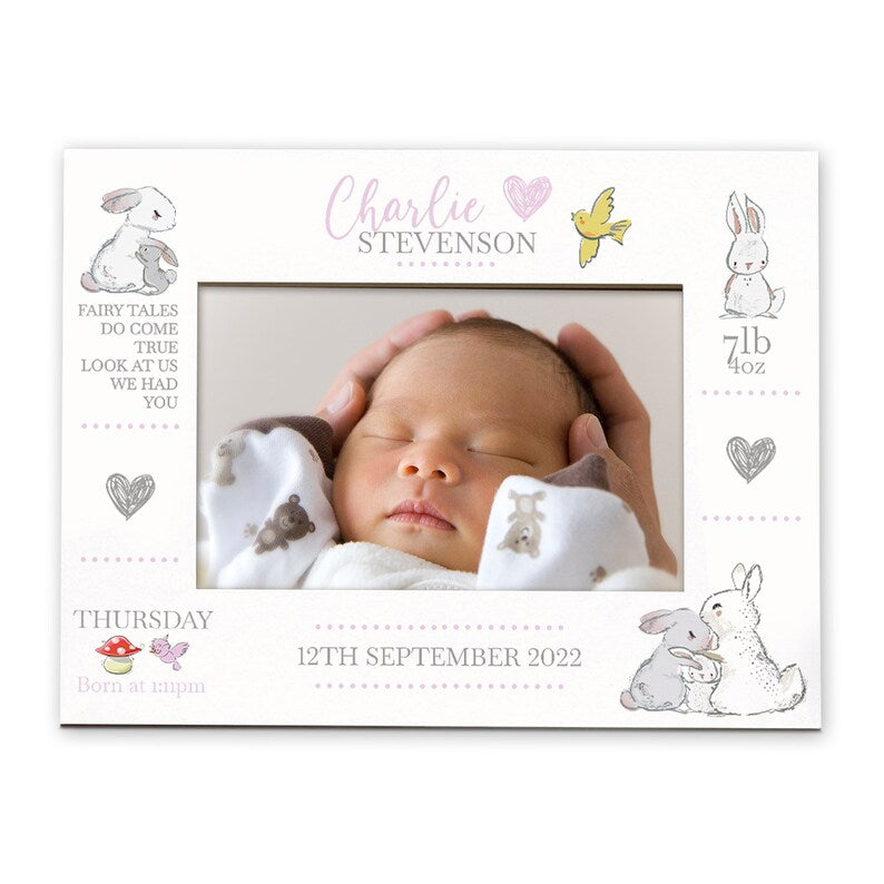 Personalised Baby Girl Photo Frame With Birth Details and Cute Rabbit