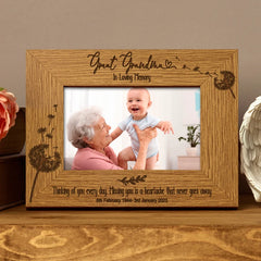 Great Grandma Remembrance Photo Frame Personalised Landscape With Dandelions
