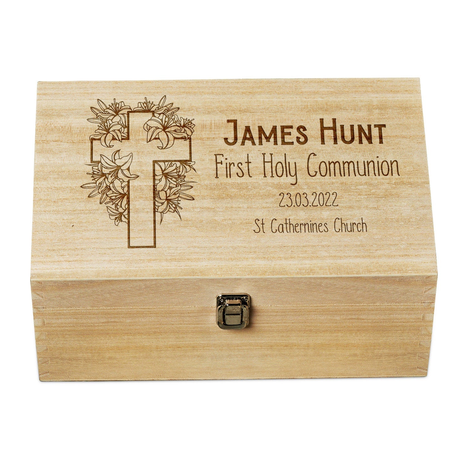 Personalised Communion Memory Keepsake Box With Floral Cross