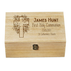 Personalised Communion Memory Keepsake Box With Floral Cross