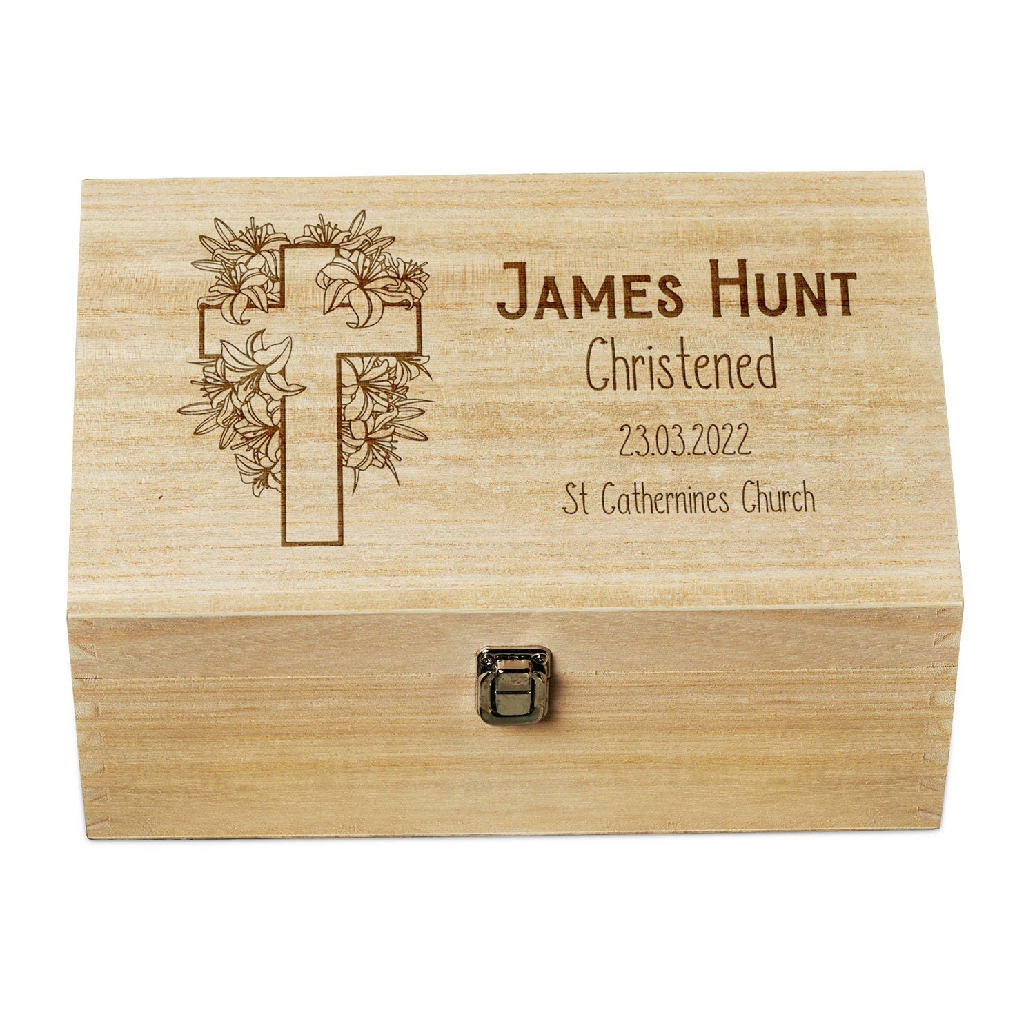 Personalised Christening Memory Keepsake Box With Floral Cross