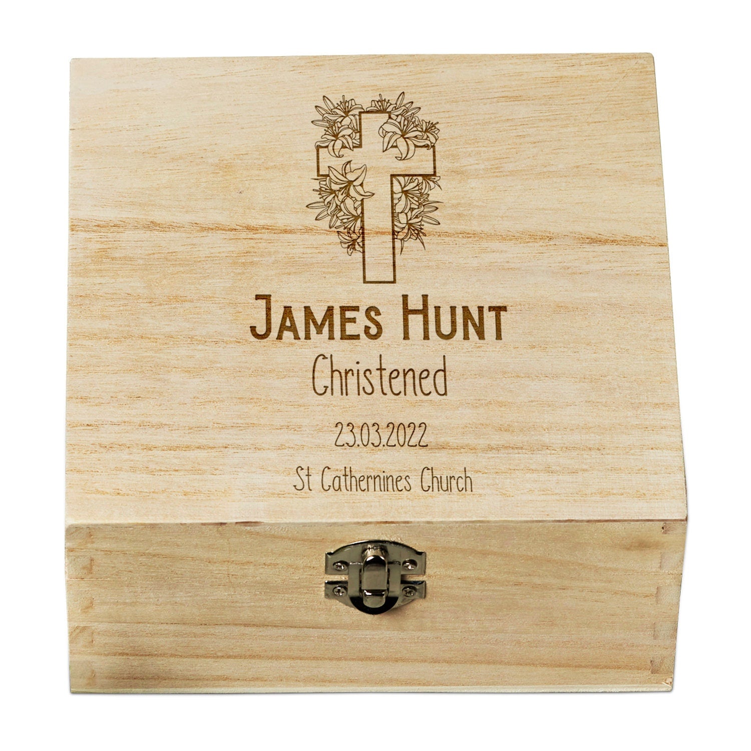 Personalised Christening Keepsake Memory Box With Floral Cross