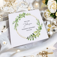 Personalised Wedding Photo Album Gift Eucalyptus and Gold Wreath