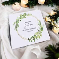 Personalised Wedding Photo Album Gift Eucalyptus and Gold Wreath