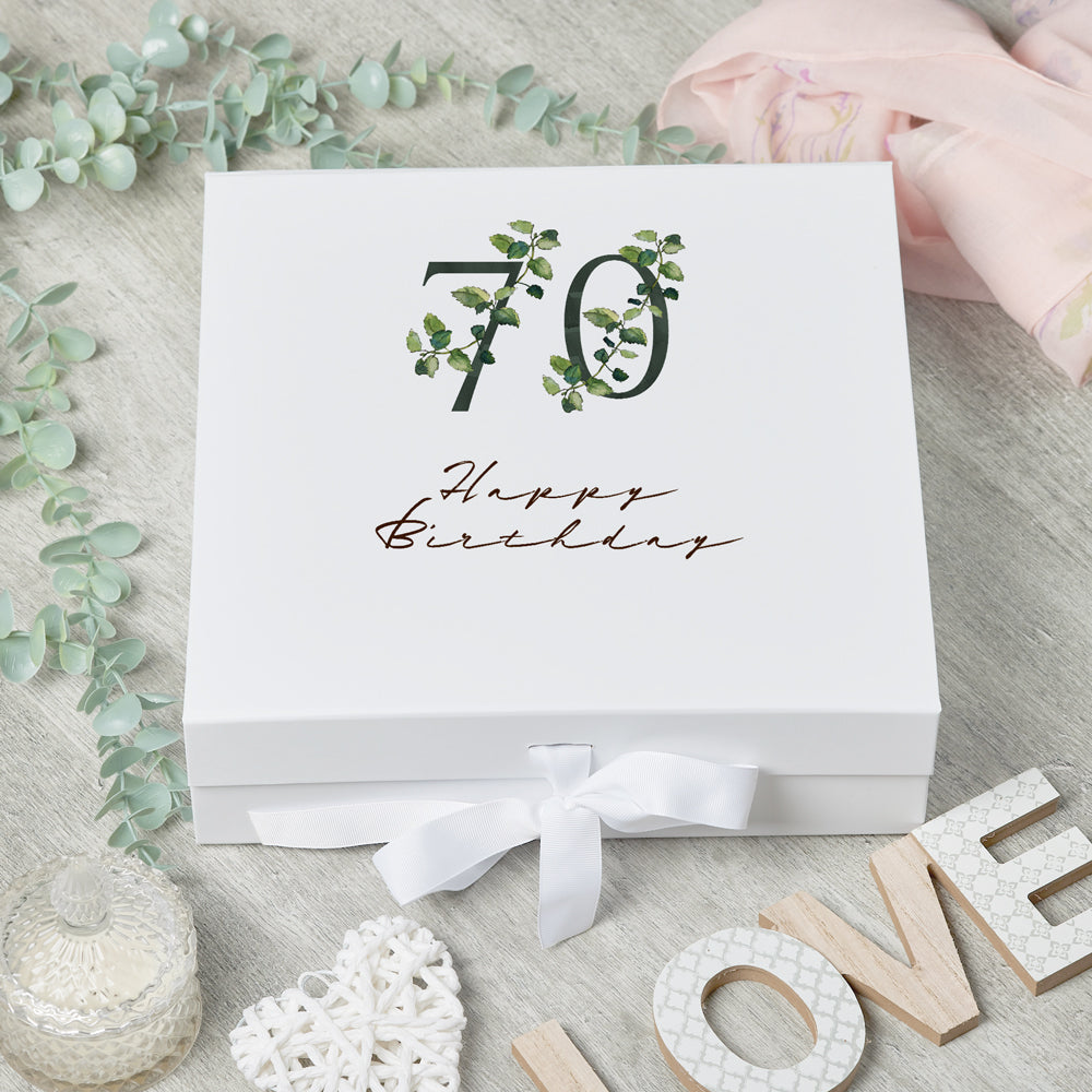 Personalised 70th Birthday Green Leaf Design Keepsake Memory Gift Box
