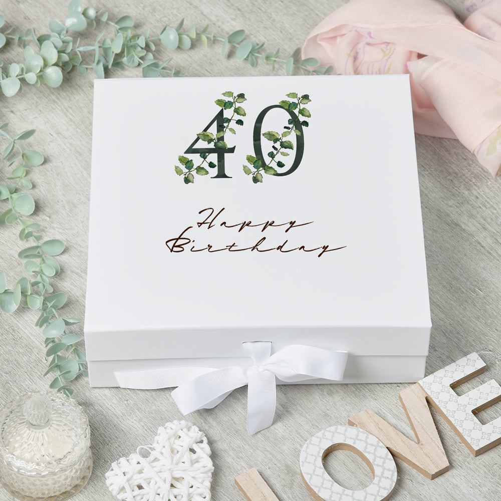Personalised 40th Birthday Green Leaf Design Keepsake Memory Gift Box.