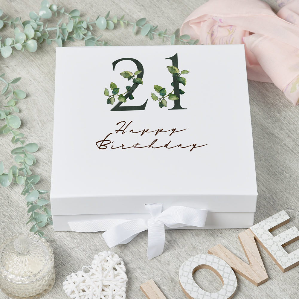 Personalised 21st Birthday Green Leaf Design Keepsake Memory Gift Box.