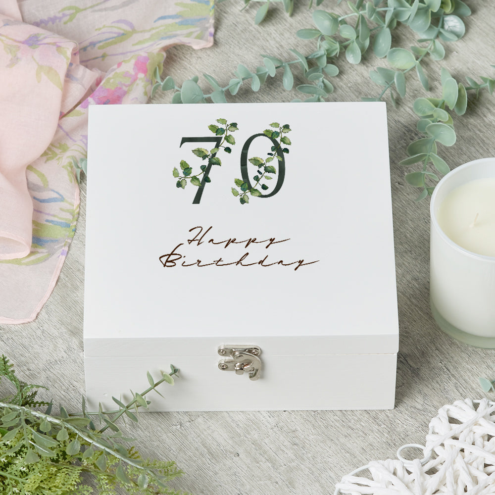 ukgiftstoreonline Personalised 70th Birthday Green Leaf Design Keepsake Wooden Gift Box