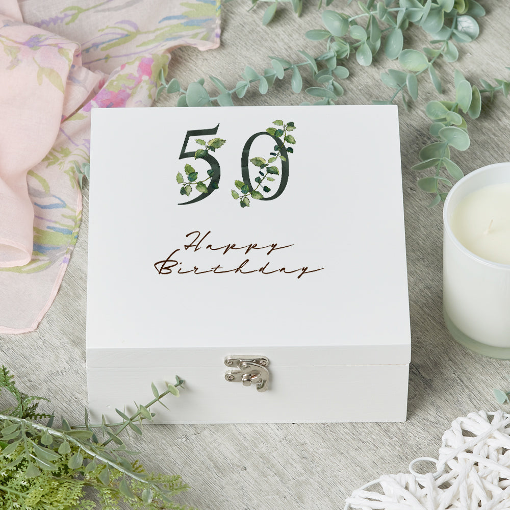 ukgiftstoreonline Personalised 50th Birthday Green Leaf Design Keepsake Wooden Gift Box