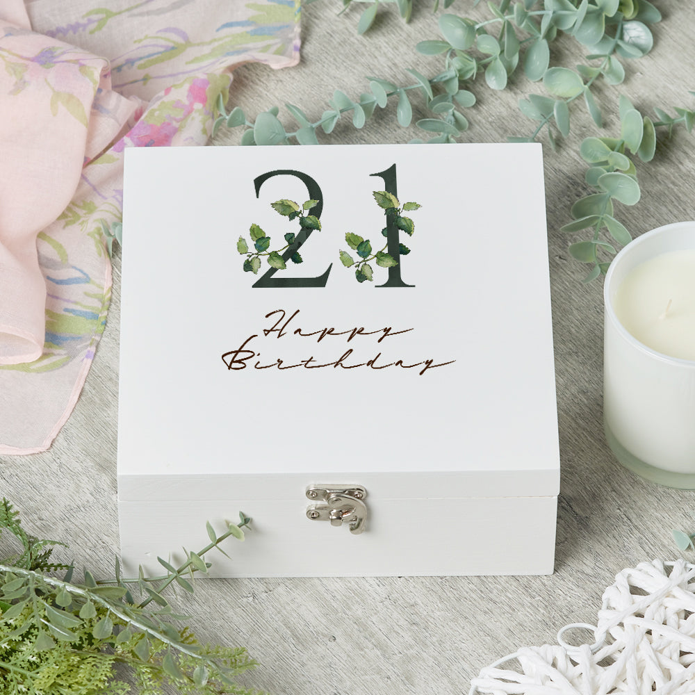 ukgiftstoreonline Personalised 21st Birthday Green Leaf Design Keepsake Wooden Gift Box